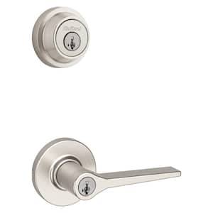 Hollis Round Rose Satin Nickel Lever with Single Cylinder Deadbolt Combo Pack Featuring SmartKey Security