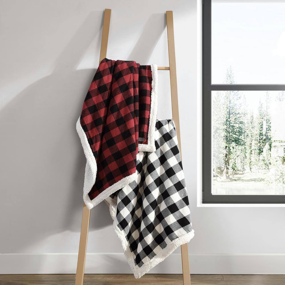 Reversible Sherpa Fleece Cotton Throw Blanket, Black/White