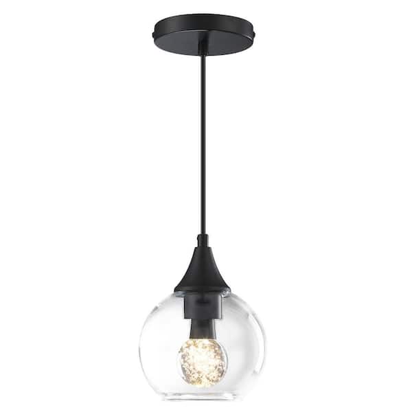 Modern 6 in. 1-Light Black Mini Pendant Light with Round Clear Glass Shade, Crystal Bulb Included