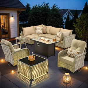 Supery Gray 9-Piece Wicker Patio Rectangle Fire Pit Conversation Set with Beige Cushions and Swivel Chairs