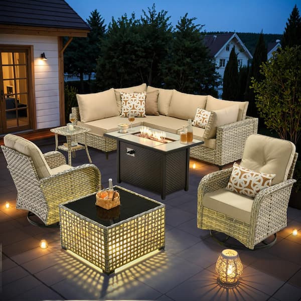 OVIOS Supery Gray 9-Piece Wicker Patio Rectangle Fire Pit Conversation Set with Beige Cushions and Swivel Chairs