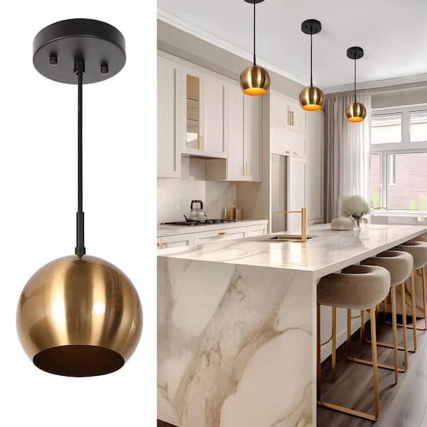 Zevni 5.5 in. 1-Light Brass-Plated Modern Mini Pendant Light, Industrial Black Pendant Hanging Light with Polished Metal Shade