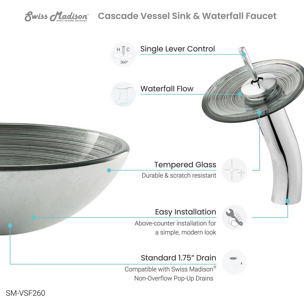Cascade Smoky Grey 16.5" Glass Vessel Sink with Waterfall Faucet