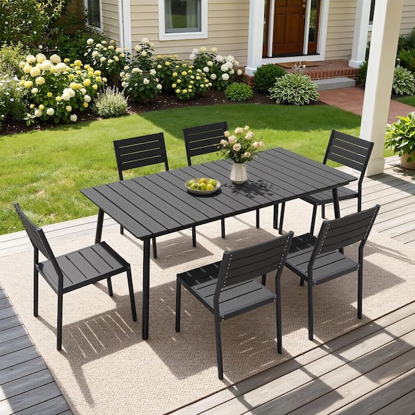 home depot patio table chairs and umbrella PHI VILLA 7pc Dining Set with Umbrella, Swivel Wicker PHI VILLA Dining Set with elegant and classic black design brings unique aesthetic feeling to your patio PHI VILLA Black 8-Piece Metal