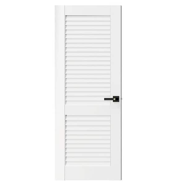 32 in. x 80 in. Composite, MDF, Louvered Panel, Primed, White Interior Door Slab With Black Lever Handle