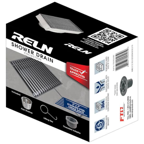 RELN FD0402SQSS 4” Linear Grid Shower Drain Finish: Stainless Steel