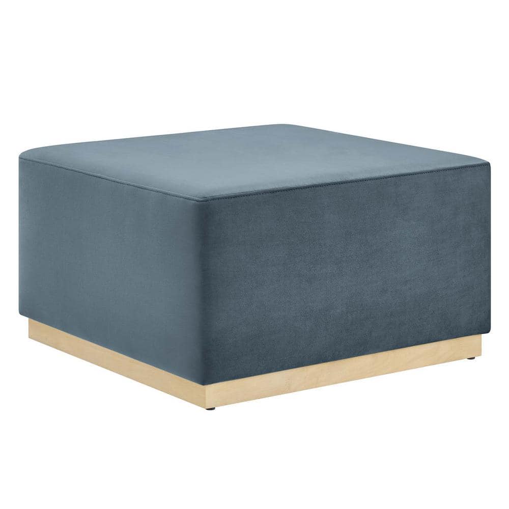 Cadet Blue Velvet Upholstered Square Ottoman with Rubberwood Base