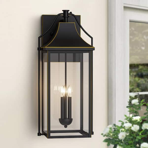 Hawaii 25 in. H 3-Bulb Black with Gold Accents Hardwired Outdoor Wall Lantern Sconce with Dusk to Dawn