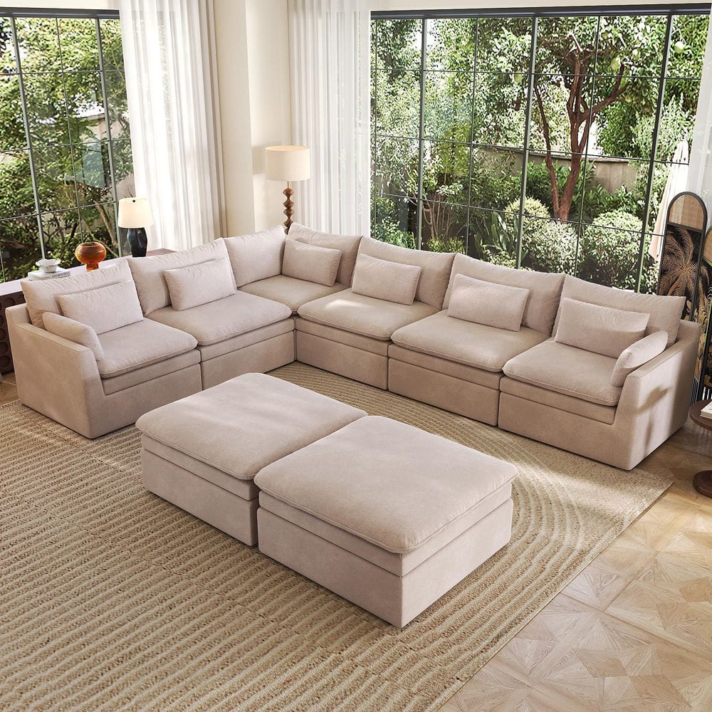 156 in. Square Arm 8-piece Polyester Deep Seat Feather Modular Sectional Sofa Large Space with Ottoman in Khaki price history on PriceWatchPro