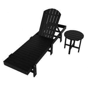 Altura 18 in. 2-Piece Black Outdoor Classic Adjustable Adirondack Backrest Chaise Lounge with Round Side Table Set