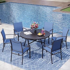 Black 7-Piece Metal Slat Round Table Outdoor Patio Dining Set with Blue Textilene Chairs