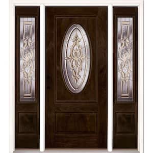 63.5 in.x81.625in.Silverdale Zinc 3/4 Oval Lt Stained Chestnut Mahogany Rt-Hd Fiberglass Prehung Front Door w/Sidelites