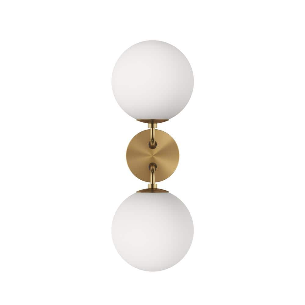 Modern 7.09 in. 2-Light Globe Wall Sconce Gold Vanity Lighting with Milk Wh