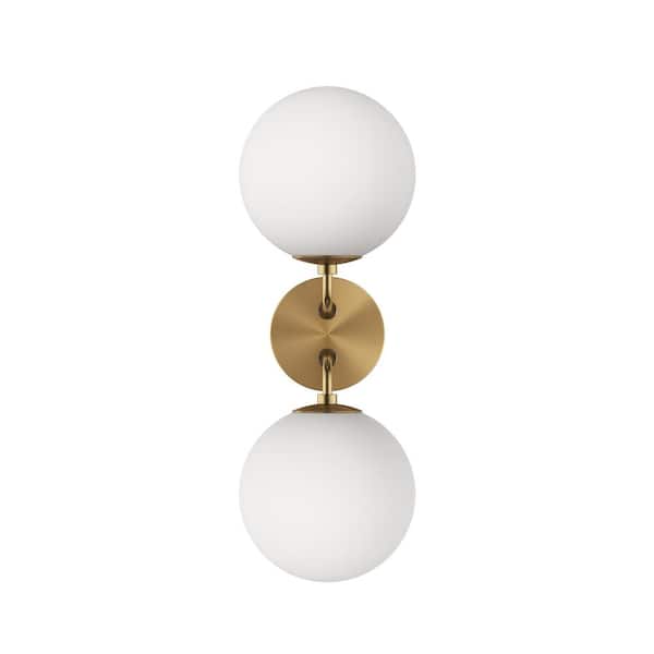 Modern 7.09 in. 2-Light Globe Wall Sconce Gold Vanity Lighting with Milk White Glass Shade