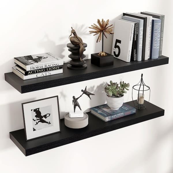 Unbranded 35.4 in. W x 7.8 in. D Black Floating Decorative Wall Shelf (Set-2)