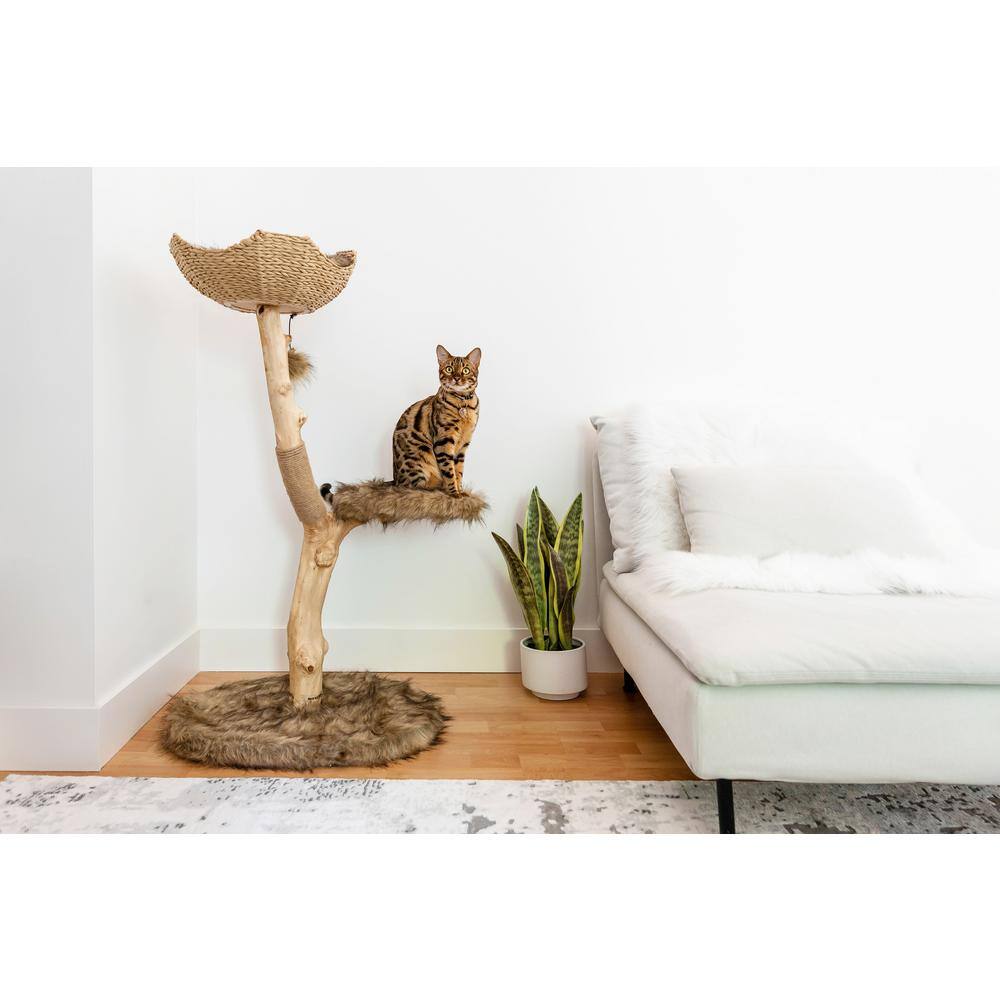 Modern Brown Faux Fur and Wicker Cat Tree Tower