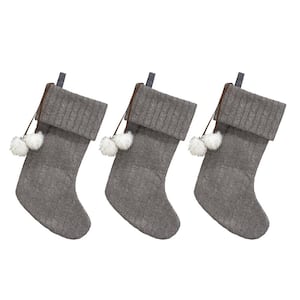 20in Gray Cable Knit Christmas Stocking with Faux Fur Pom Poms 3-pack