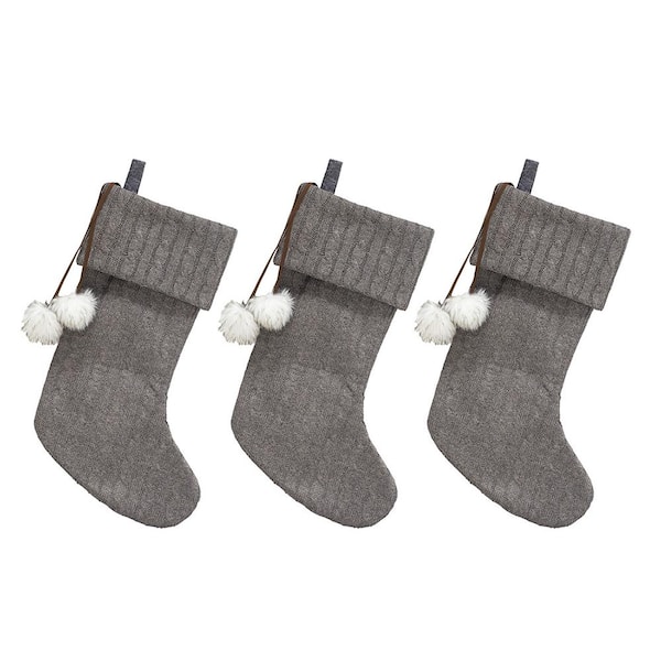 NEW TRADITIONS SIMPLIFY YOUR HOLIDAY 20 in. Gray Cable Knit Christmas Stocking with Faux Fur Pom Poms 3-pack