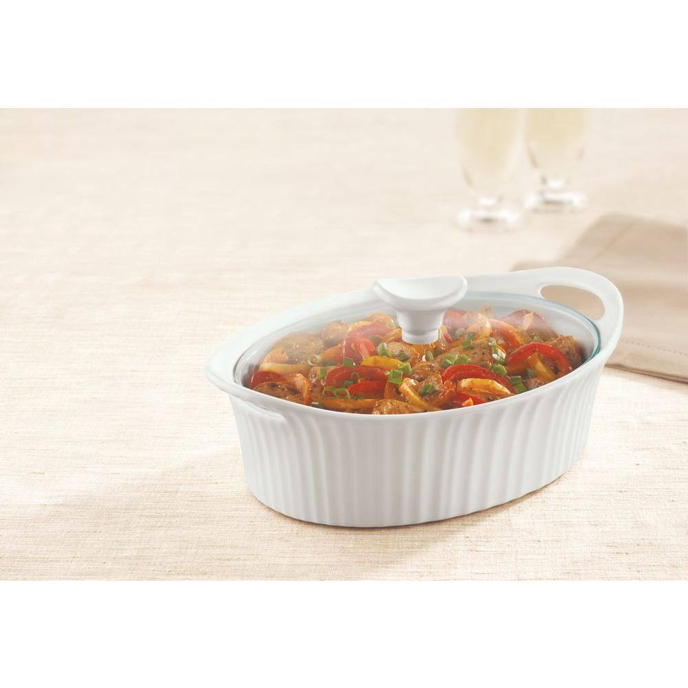 French White 1.5-Quart Oval Casserole with Glass Lid, Set of 2