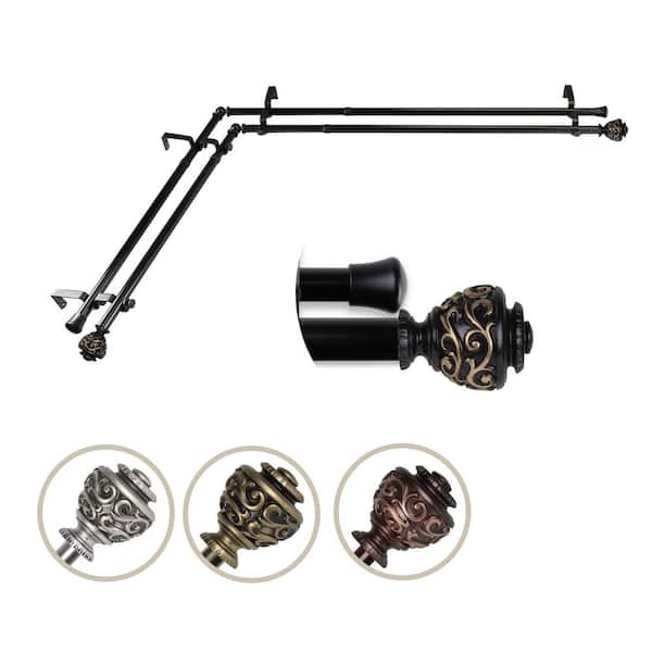 EMOH 13/16" Dia Adjustable Corner Window Double Curtain Rod 120 to 170" (each side) in Black with Diana Finials