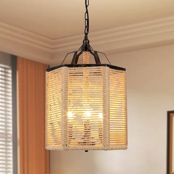 LWYTJO 3-Light Brown Farmhouse Lantern-Style Chandelier with Hemp Rope for Living Room