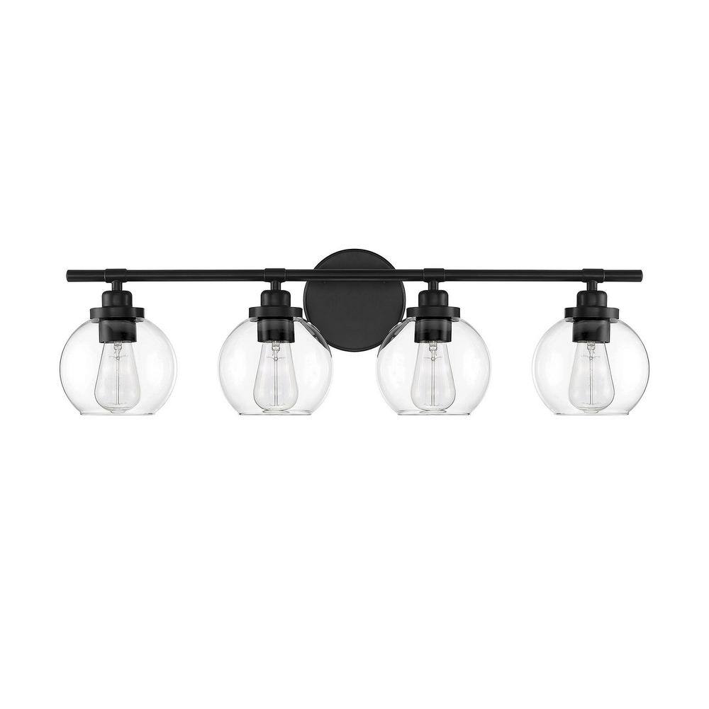 Matte Black 4-Light Bathroom Vanity Fixture with Frosted Glass Shades