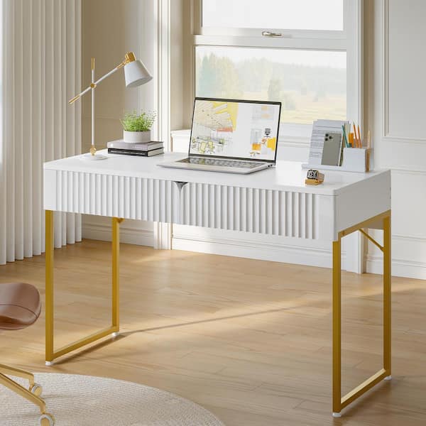 Bestier 47 in. Rectangular White and Gold 2 Drawers Wood Fluid Computer Desk wth Storage Makeup Vanity Table H105750E BWHT