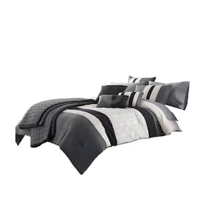 7-Piece Gray and Black Geometric Cotton Queen Comforter Set