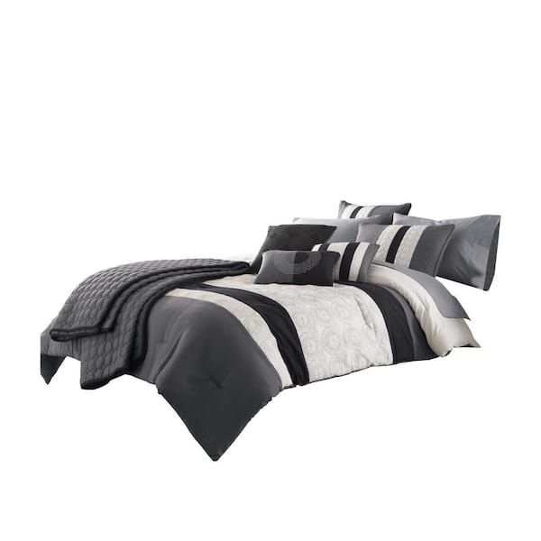 Benjara 7-Piece Gray and Black Geometric Cotton Queen Comforter Set