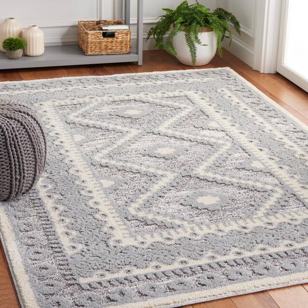 Gray and Ivory Handmade Tufted Shag Rug, 8' x 10'