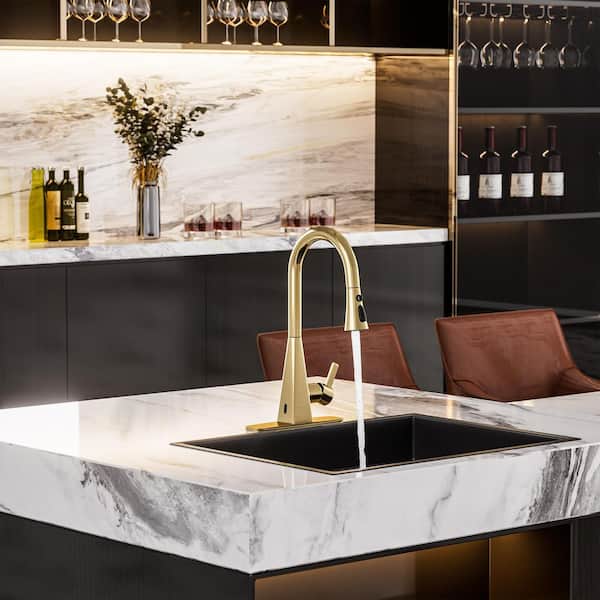 Touchless Single Handle 360° Swivel 16.9 in. Height Pull Down Sprayer Kitchen Faucet In Brushed Gold