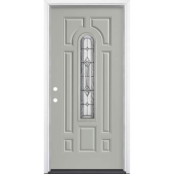 Masonite 36 in.x 80 in. Providence Center Arch Silver Cloud Right-Hand Inswing Painted Fiberglass Prehung Front Door w/ Brickmold