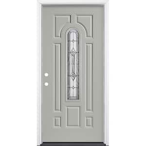 36 in. x 80 in. Providence Center Arch Silver Cloud Right-Hand Inswing Painted Steel Prehung Front Door with Brickmold