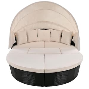 Wicker Outdoor Day Bed Sunbed with Retractable Canopy Round Outdoor Sectional Sofa Set with Beige Washable Cushions