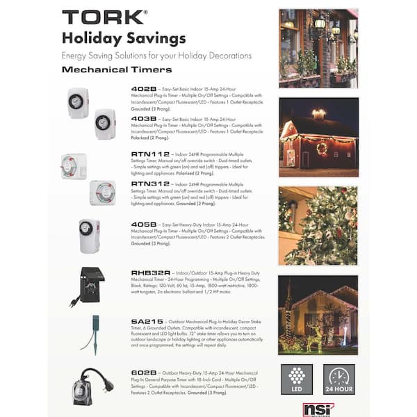 NSI Industries Rhb32r - Tork 15-Amp 24-Hour Plug-In Heavy Duty Mechanical Timer Indoor/Outdoor