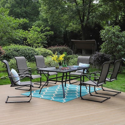 Black 7-Piece Metal Patio Outdoor Dining Set with Slat Rectangle Table and Textilene C-Spring Chairs