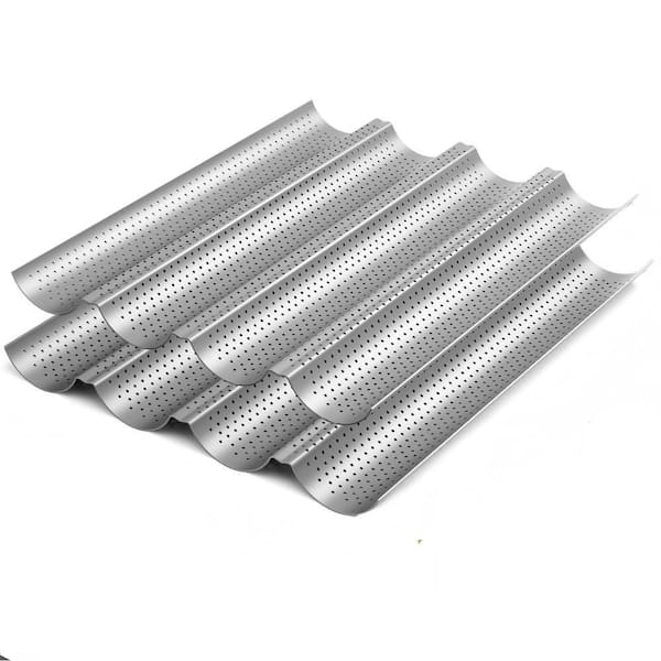 Modern 2-Piece Carbon Steel Nonstick Perforated Baguette Bread Pan Set for French Bread Baking 4 Wave Loaves