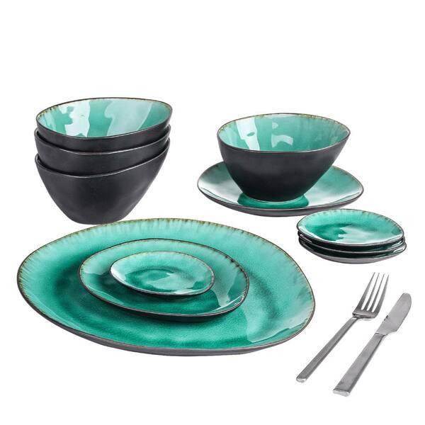 vancasso Coco Dinner Set Stoneware Vintage Look Ceramic Green 11-Piece Including Dinner Plate Dessert Plate Serving Set