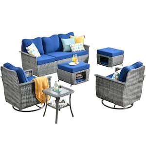 Sierra Black 6-Piece Wicker Pet Friendly Patio Conversation Sofa Set with Swivel Rocking Chairs and Navy Blue Cushions