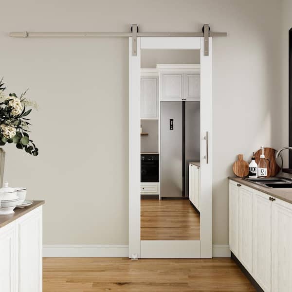 30 in. x 80 in. 1-Lite Mirrored Glass White Primed MDF Sliding Barn Door with Hardware Kit Nickel Plated
