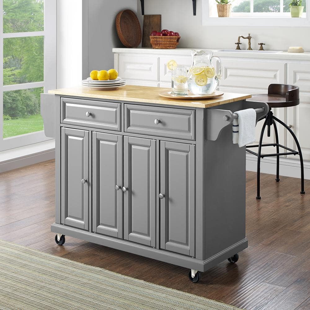 Gray and Natural Wood Top Kitchen Cart with Storage