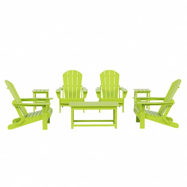 Laguna 7-Piece Fade Resistant Outdoor Patio HDPE Poly Plastic Folding Adirondack Chair Conversation Set in Lime