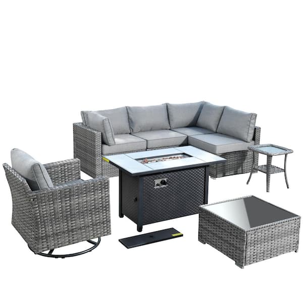 Helene Gray 8-Piece Wicker Outdoor Fire Pit Furniture Set Patio Conversation Sofa Sectional Set with Dark Grey Cushions