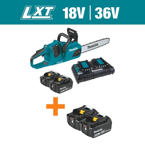 Makita LXT 14 in. 18V X2 (36V) Brushless Electric Battery Chainsaw Kit (5.0Ah) with 18V LXT 5.0 Ah (2-Pack)