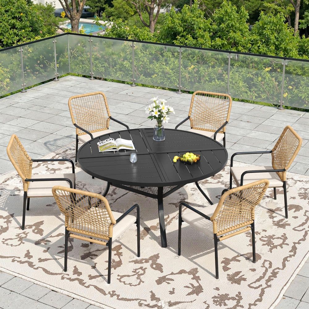 7-Piece Metal Outdoor Patio Dining Set with 47.2 in. Black Round Table and 6 Woven Rattan Chairs with Beige Cushions price history on PriceWatchPro