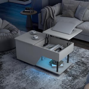 Vives 37.4 in. White Rectangle Recycled Wood Coffee Table Lift Top Storage and LED Lights
