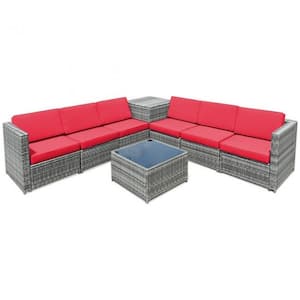 8-Piece Wicker Sofa Rattan Dinning Set Patio Furniture with Storage Table and Red Cushions