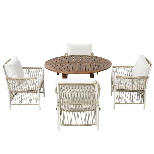 Natural 5-Piece Metal Outdoor Dining Set with Beige Cushions, Extendable Table and 4 Rattan Arm Chairs