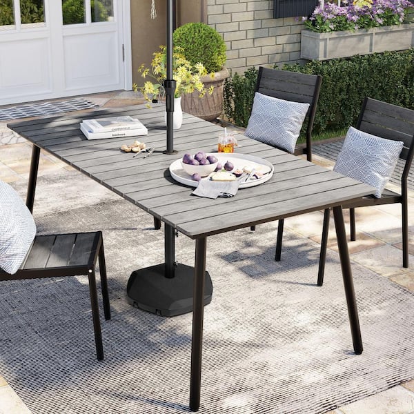 Pellebant Gray Rectangular Aluminum Outdoor Patio Dining Table with Wood-Like Tabletop