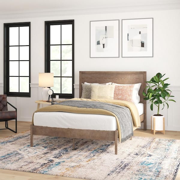 Amara Brown Wood Frame Full Platform Bed with Headboard and Slatted Bed Base in Light Brown